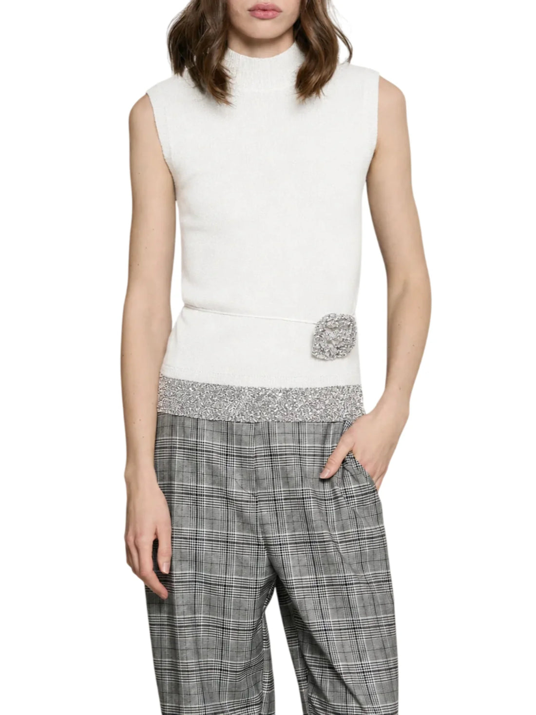 Relish maglia smanicata Operator con cintina panna