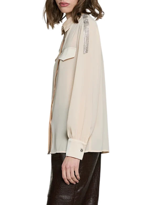 Relish camicia donna Serious in georgette con dettagli gioiello cipria