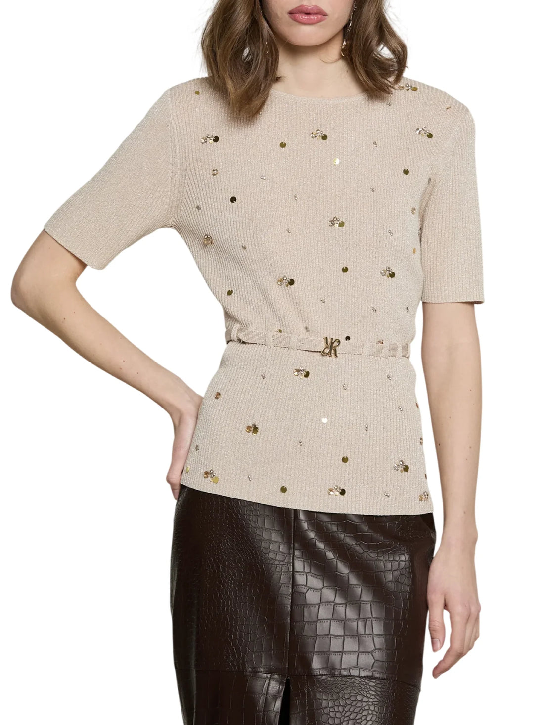 Relish maglia manica corta con applicazioni gioiello beige