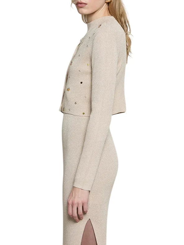 Relish cardigan Verity donna a costine lurex con applicazioni gioiello beige