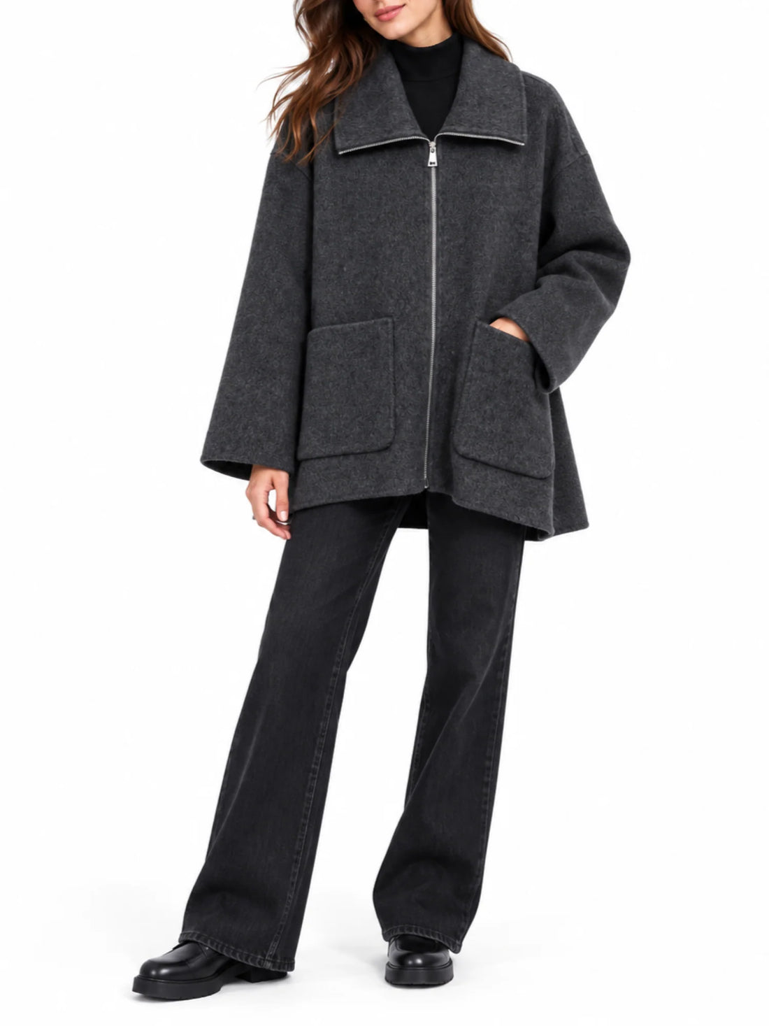 Sandro Ferrone cappotto donna in panno misto lana con zip grigio melange