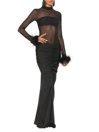 Silence abito lungo Mabel donna con trasparenze e piume nero AB4291 BLACK SILENCE 