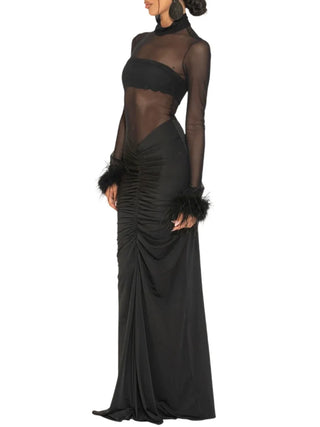 Silence abito lungo Mabel donna con trasparenze e piume nero AB4291 BLACK SILENCE 