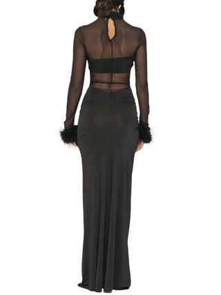 Silence abito lungo Mabel donna con trasparenze e piume nero AB4291 BLACK SILENCE