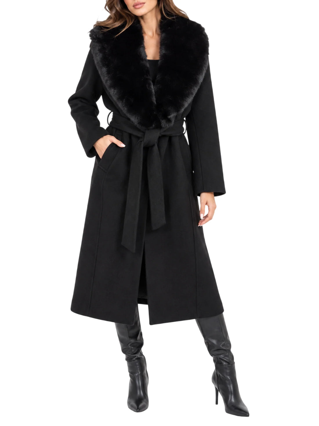 Silence cappotto lungo con ecopelliccia Saint Moritz misto lana nero