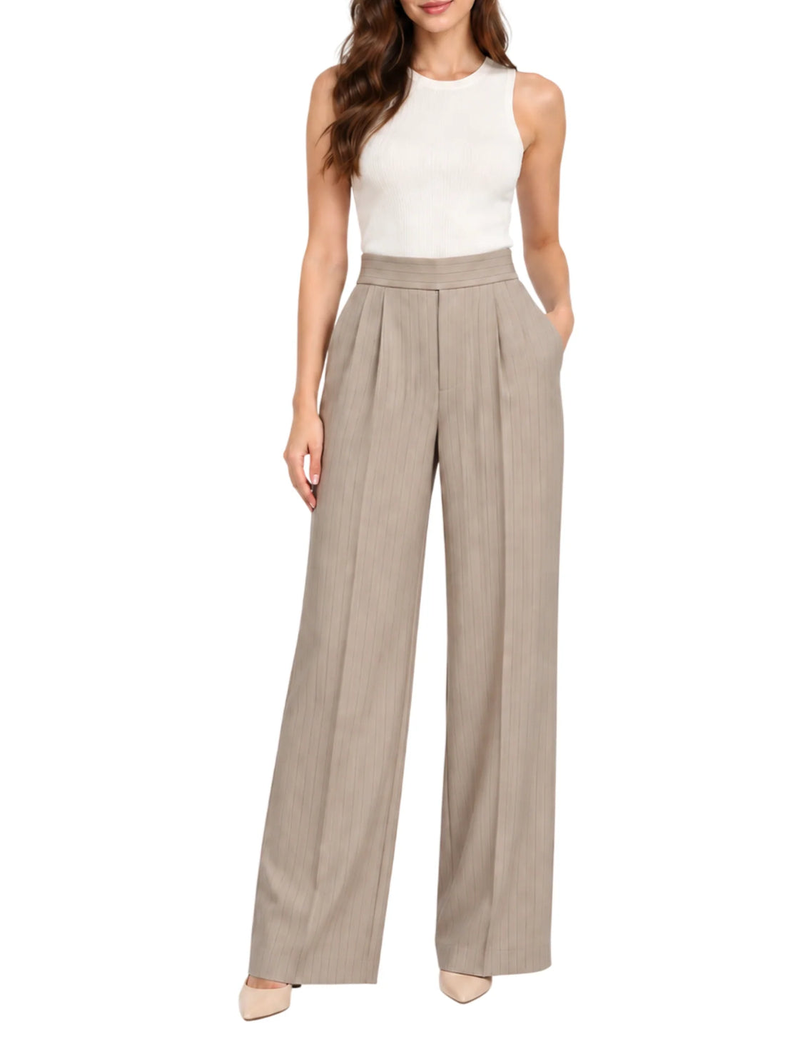 Silence pantaloni palazzo donna in fantasia gessata beige