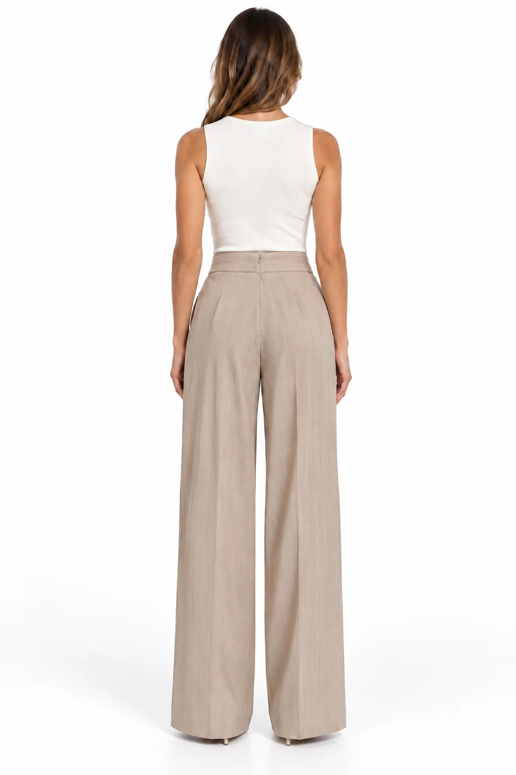 Silence pantaloni palazzo donna in fantasia gessata beige