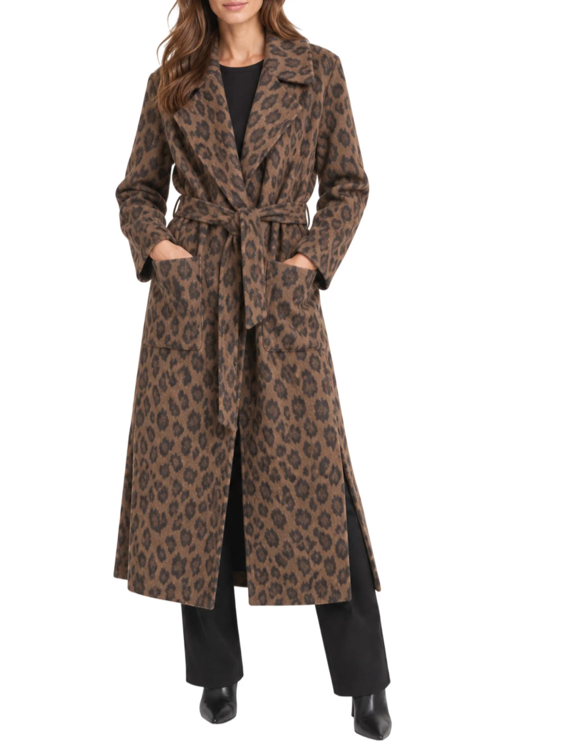 Simona Corsellini cappotto lungo in lana animalier con cintura marrone