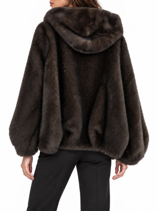 Simona Corsellini pelliccia ecologica con cappuccio e zip marrone CPGBV0101 BROWN SIMONA CORSELLINI