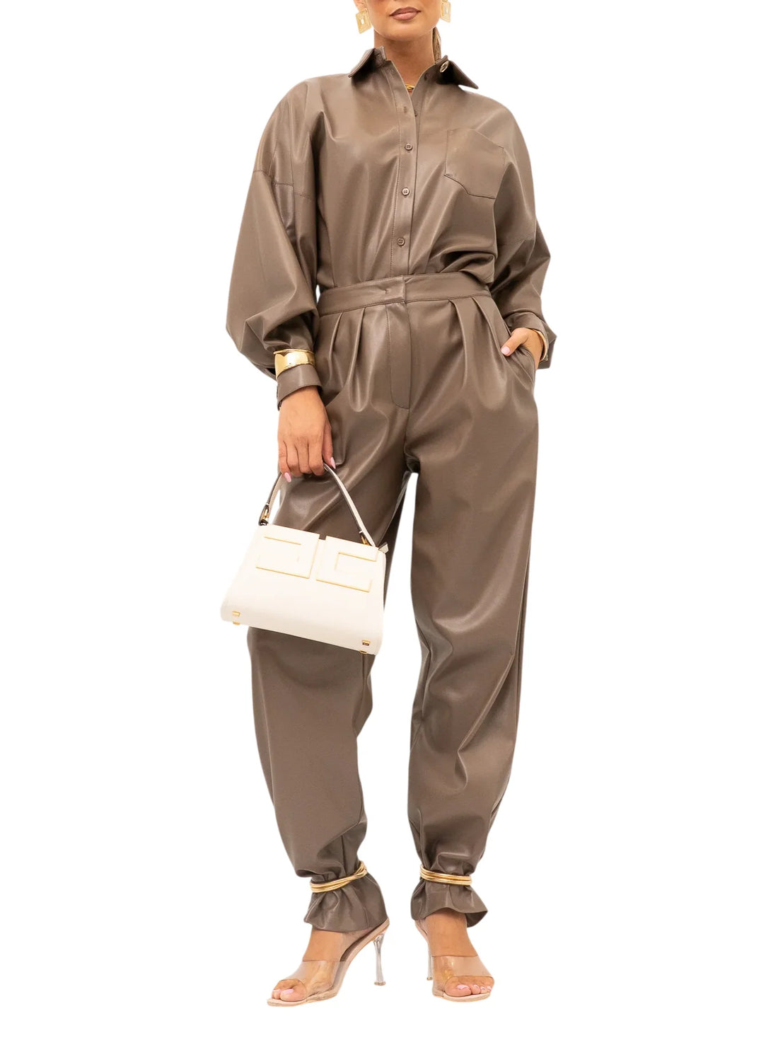 Simona Corsellini pantaloni donna in ecopelle con catenelle snake tortora