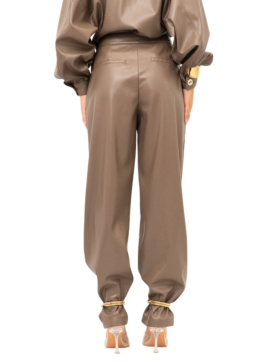 Simona Corsellini pantaloni donna in ecopelle con catenelle snake tortora