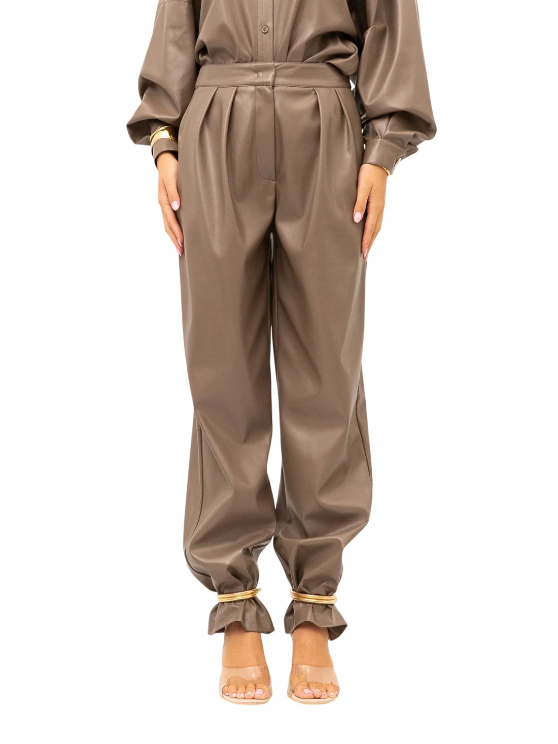 Simona Corsellini pantaloni donna in ecopelle con catenelle snake tortora