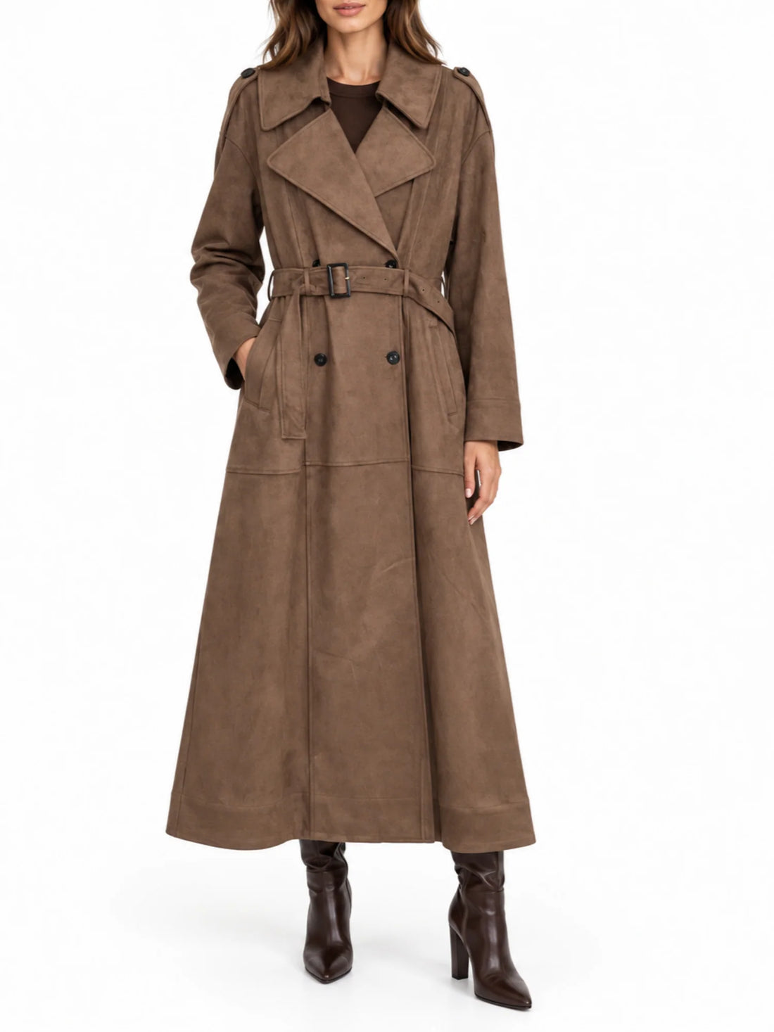 Simona Corsellini trench doppiopetto donna in suede con cintura marrone