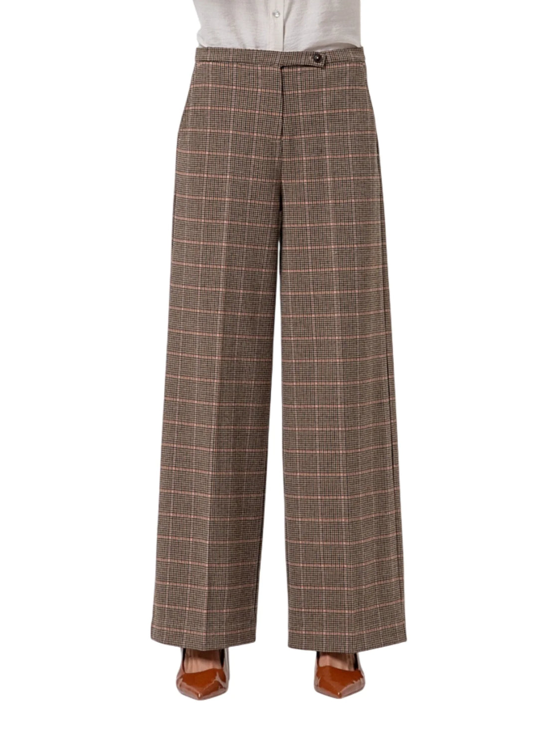 Surkana pantaloni palazzo donna in fantasia pied de poule beige