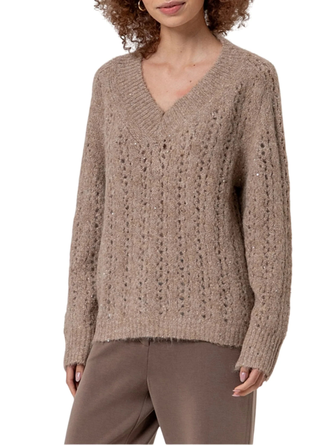Surkana maglia scollo a V in misto lana traforata con paillettes beige