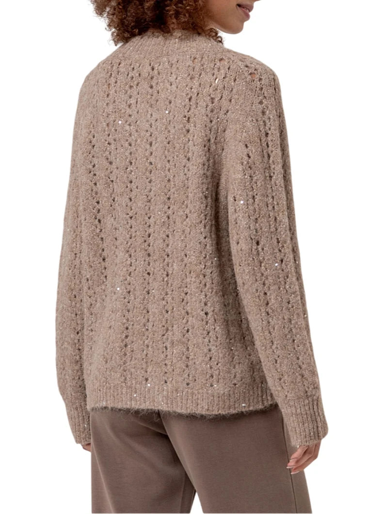 Surkana maglia scollo a V in misto lana traforata con paillettes beige