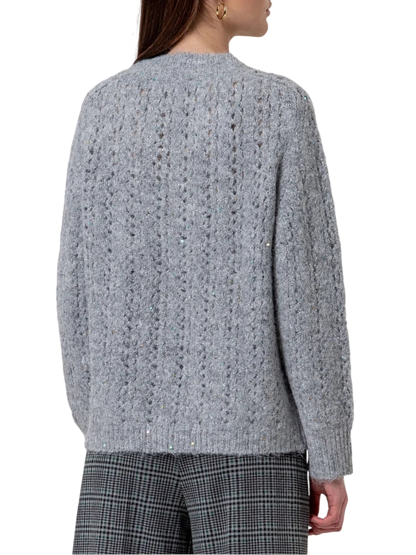 Surkana maglia scollo a V in misto lana traforata con paillettes grigio