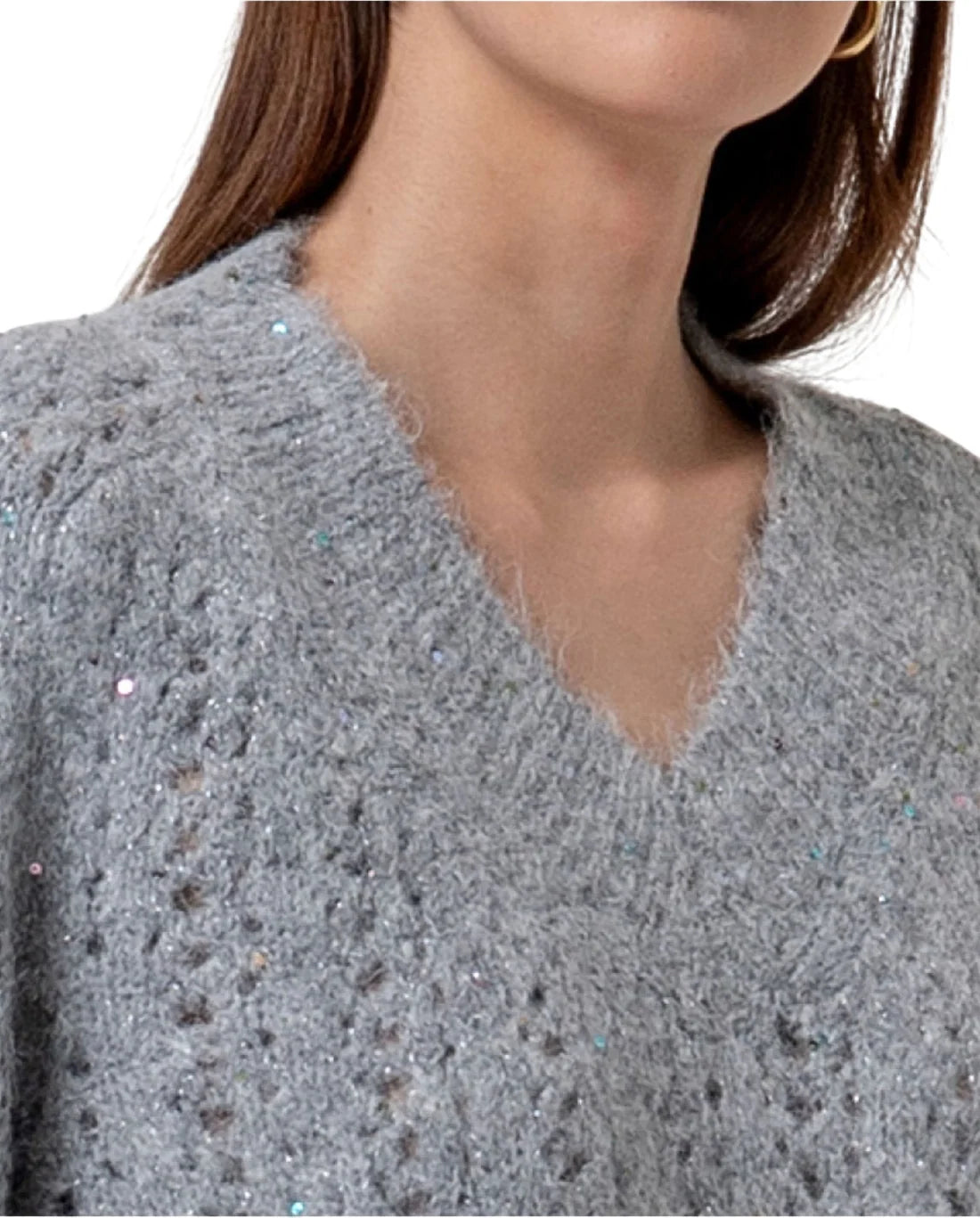 Surkana maglia scollo a V in misto lana traforata con paillettes grigio