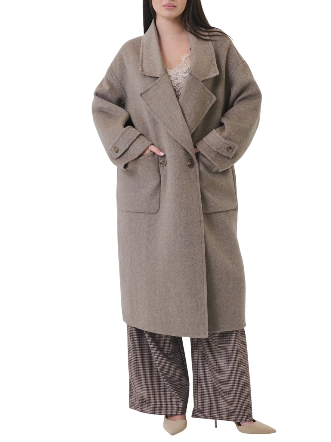 Vicolo cappotto lungo doppiopetto misto lana donna tortora