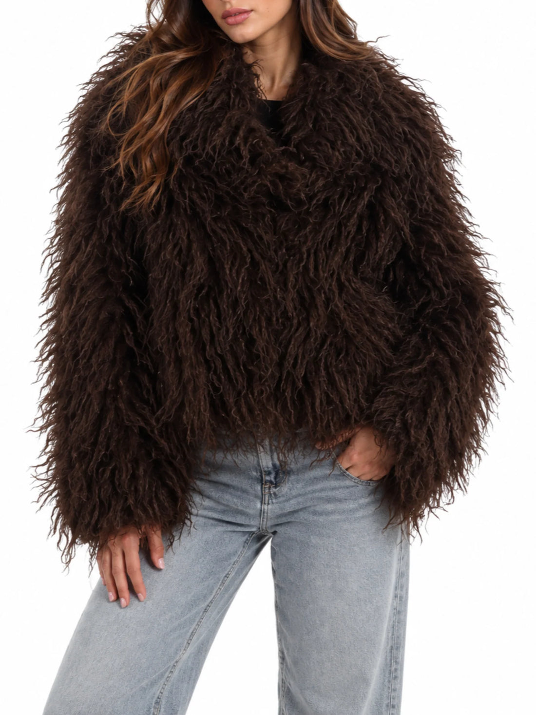 Yes Zee pelliccia ecologica donna in tessuto fluffy marrone