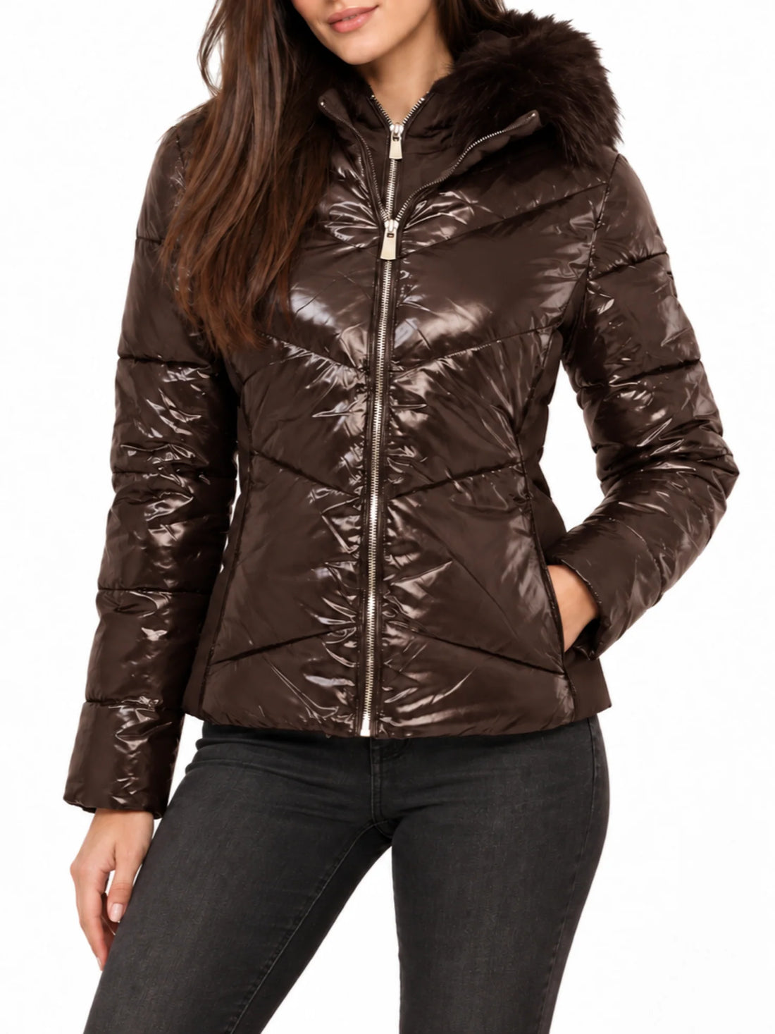 Yes Zee piumino trapuntato donna con cappuccio marrone
