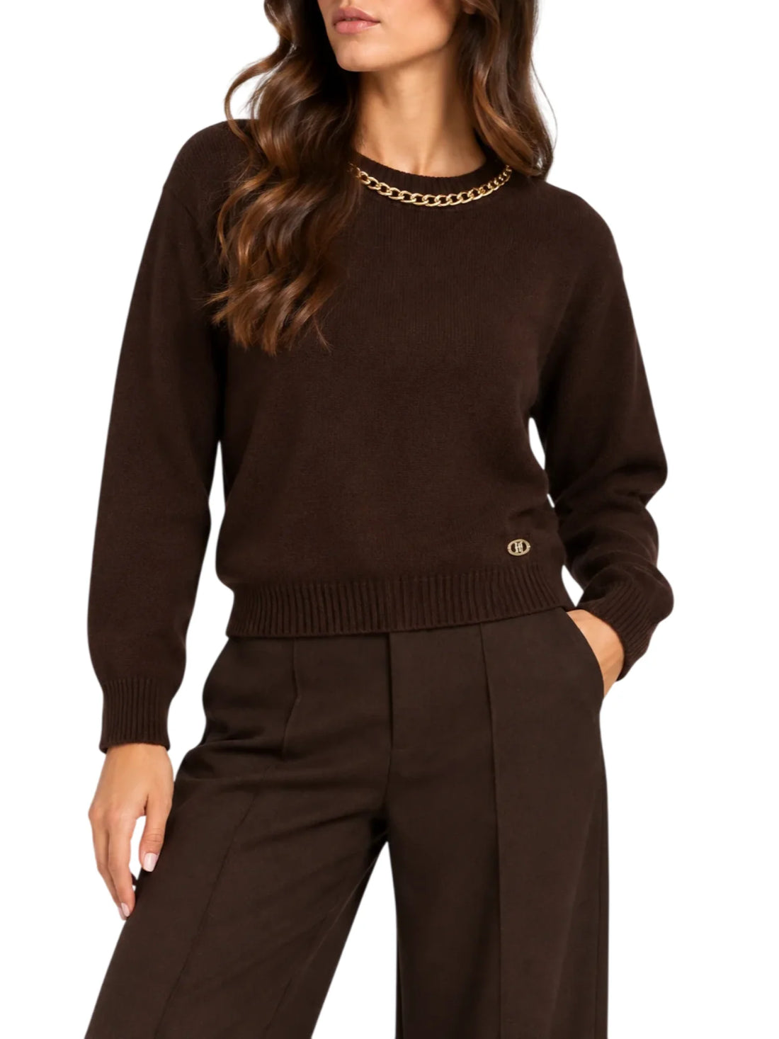 Yes Zee maglia donna misto lana con catenella marrone