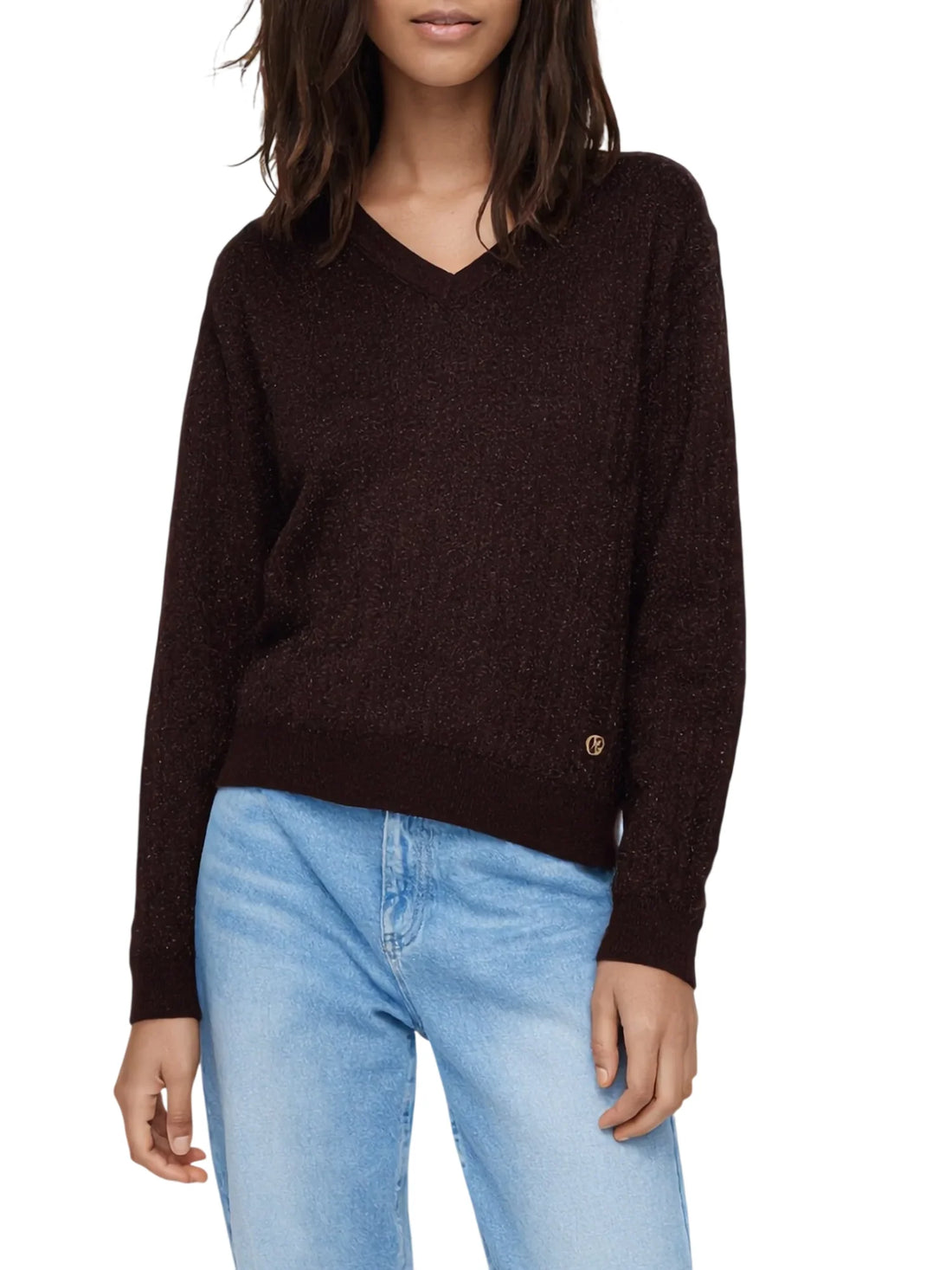 Yes Zee maglia donna misto lana lurex scollo a V marrone