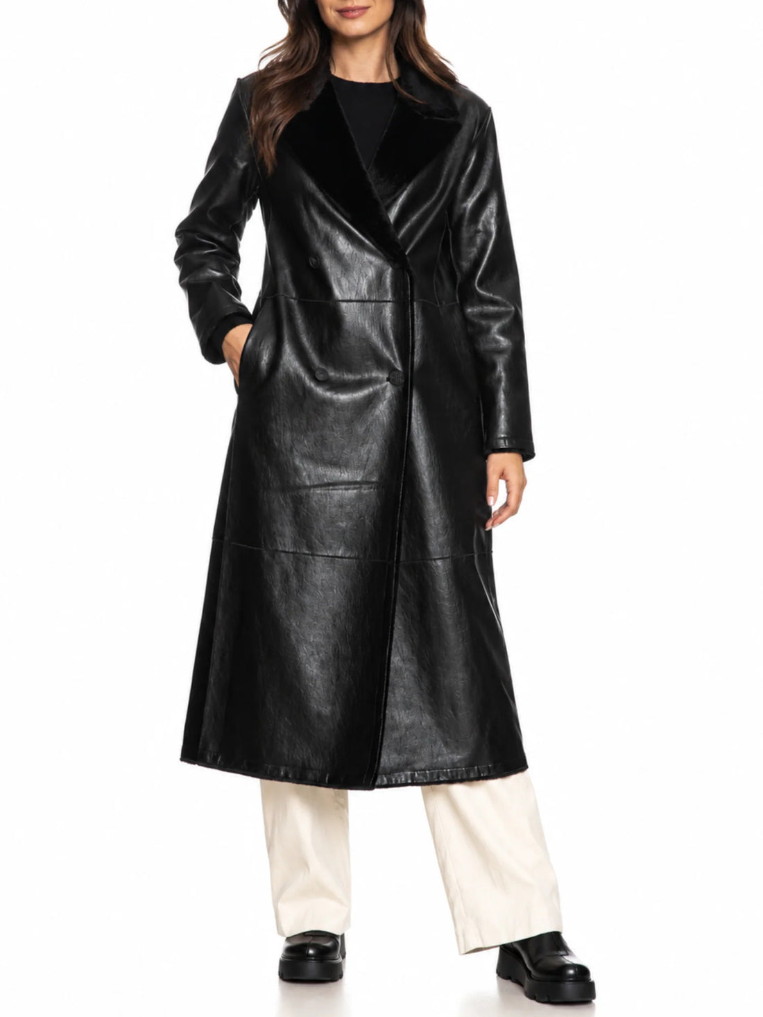 Yes Zee cappotto lungo doppiopetto reversibile in ecopelle ed ecopelliccia nero