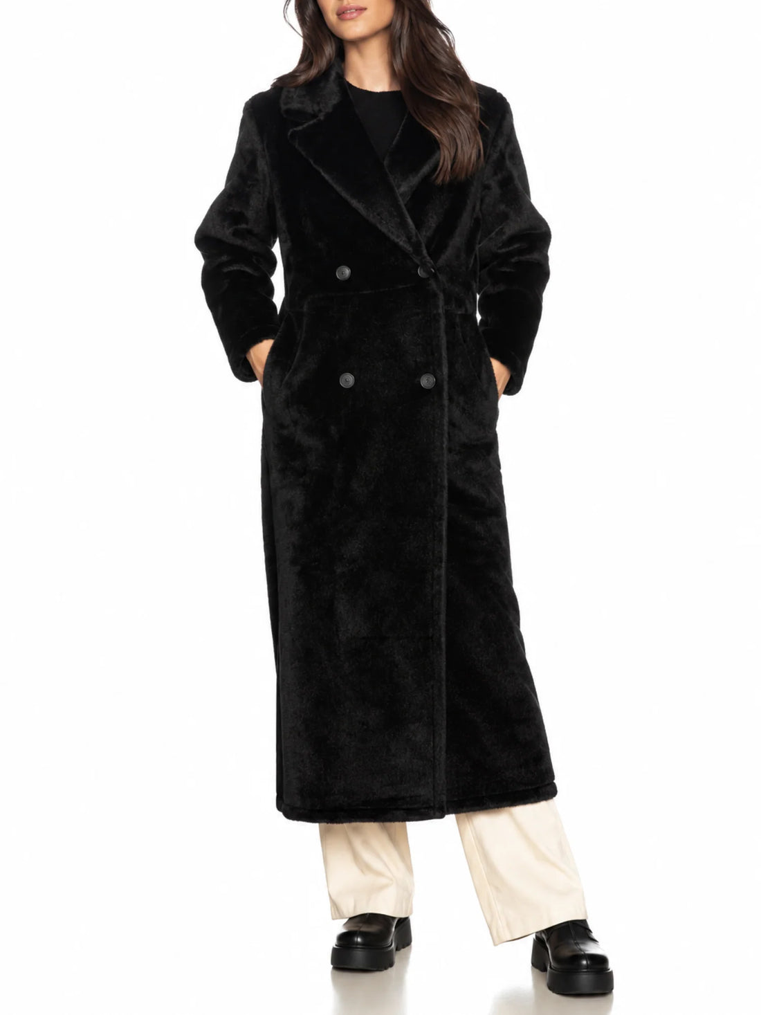 Yes Zee cappotto lungo doppiopetto reversibile in ecopelle ed ecopelliccia nero