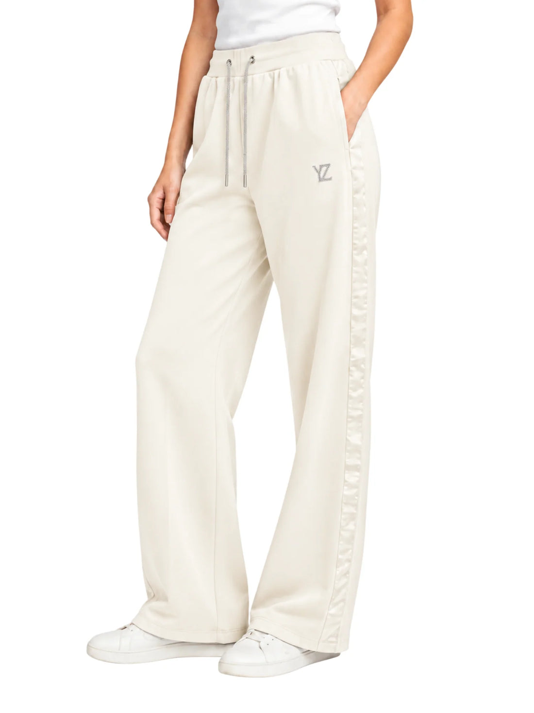 Yes Zee pantaloni palazzo donna in felpa con strass panna