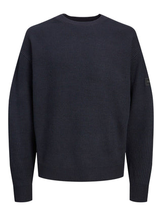 Jack&Jones maglione girocollo a costine in misto cotone blu