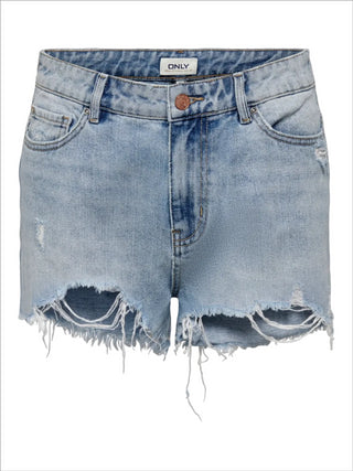 Only shorts in denim a vita alta con strappi lavaggio blu chiaro