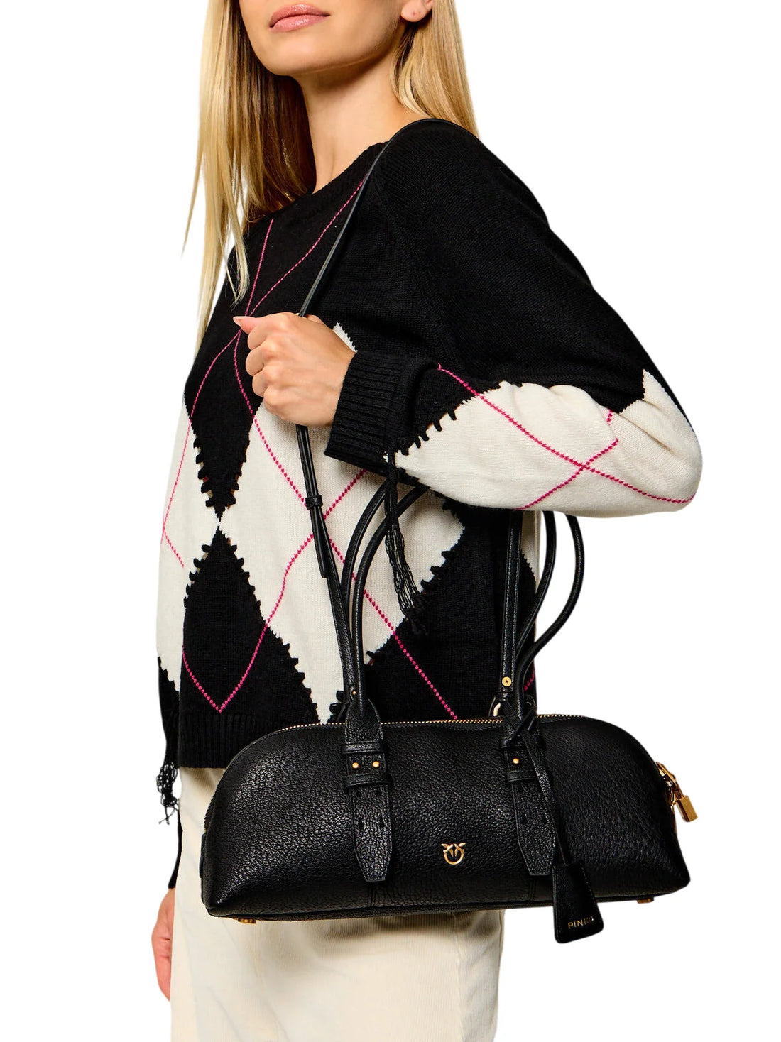 Pinko borsa a mano Bowling Horizontal Big in pelle martellata nero oro