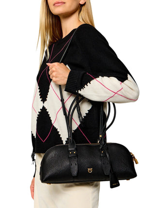 Pinko borsa a mano Bowling Horizontal Big in pelle martellata nero oro