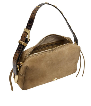 Pinko borsa bauletto Trittico in pelle scamosciata con tracolla beige