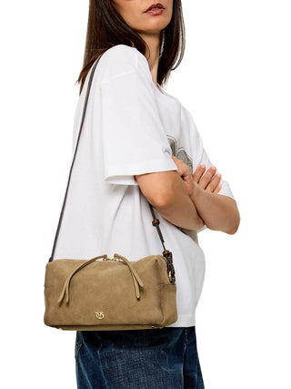 Pinko borsa bauletto Trittico in pelle scamosciata con tracolla beige