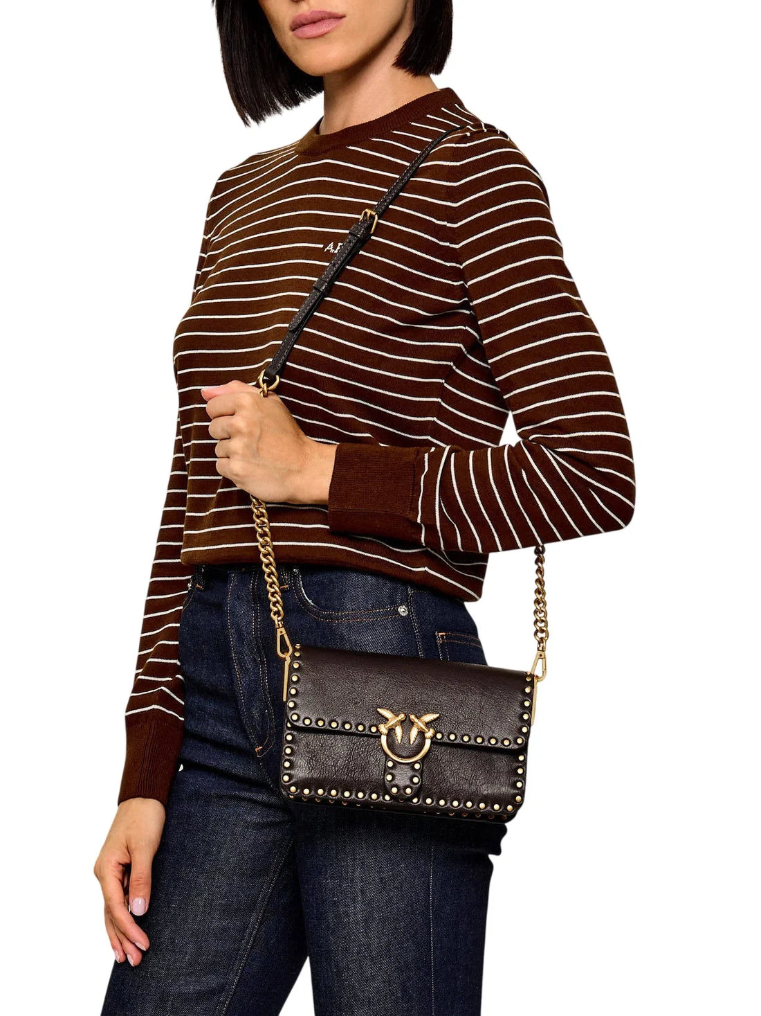 Pinko borsa a tracolla Love Bag One Slouchy con borchie moro oro