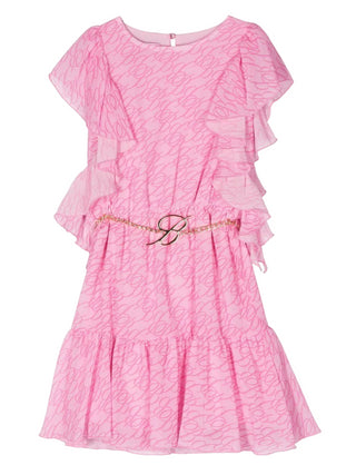 MISS BLUMARINE Abito con volant e stampa logo all over Rosa