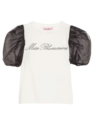 Miss Blumarine T-shirt a manica corta con organza e logo strass panna nero