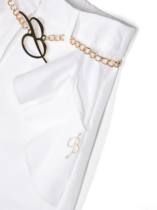 MISS BLUMARINE Pantaloni in cotone stretch con rouches Bianco