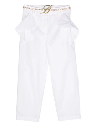 MISS BLUMARINE Pantaloni in cotone stretch con rouches Bianco