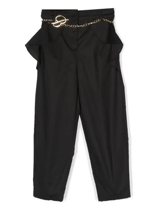 MISS BLUMARINE Pantaloni in cotone stretch con rouches e cintura Nero