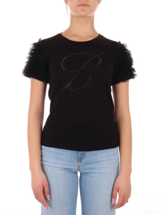 Miss Blumarine T-shirt a maniche corte con tulle e logo strass nero