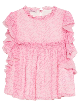 MISS BLUMARINE Blusa con rouches e stampa logo all over Rosa