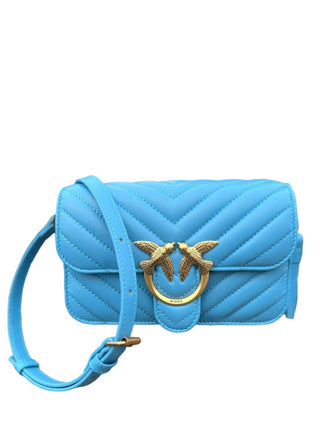 PINKO Borsa a tracolla Love Bell Mini in nappa chevron Azzurro/Oro