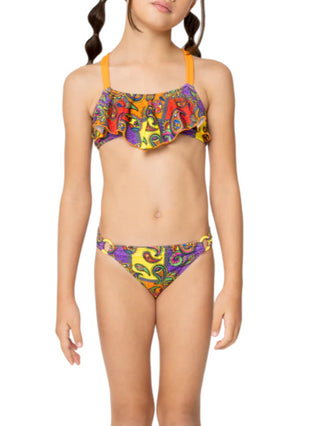 4Giveness Bikini bambina top volant e slip con stampa multicolor arancione