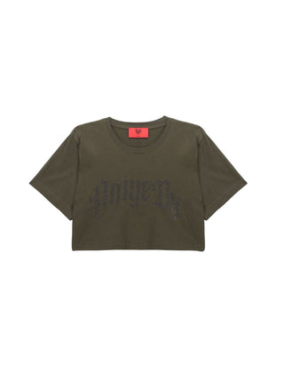 Aniye By T-shirt crop manica corta con logo strass verde militare