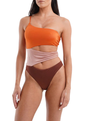 Ardoel costume intero monospalla colorblock arancio rosa marrone