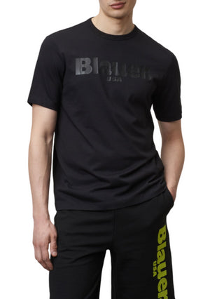 Blauer T-shirt manica corta con logo nero