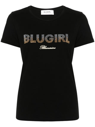 Blugirl T-shirt a manica corta con logo strass nero